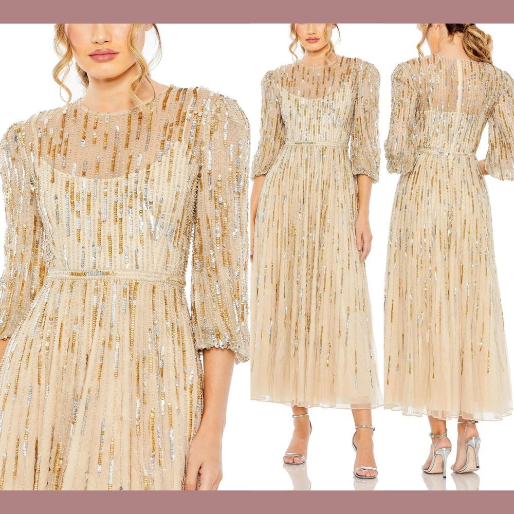 NWT $698 Mac Duggal [ 8 ] Beaded High Neck Midi Dress in‎ Taupe Gold #S1037